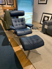 Stressless Erik Cross Chair & Stool with Adjustable Headrest in Paloma Dark Blue Leather - BLACK FRIDAY SPECIAL READY FOR QUICK DELIVERY