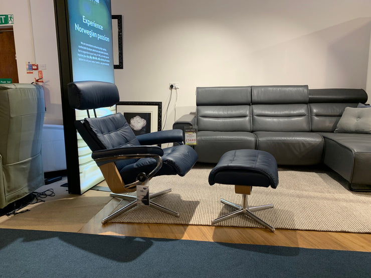 Stressless Erik Cross Chair & Stool with Adjustable Headrest in Paloma Dark Blue Leather - BLACK FRIDAY SPECIAL READY FOR QUICK DELIVERY