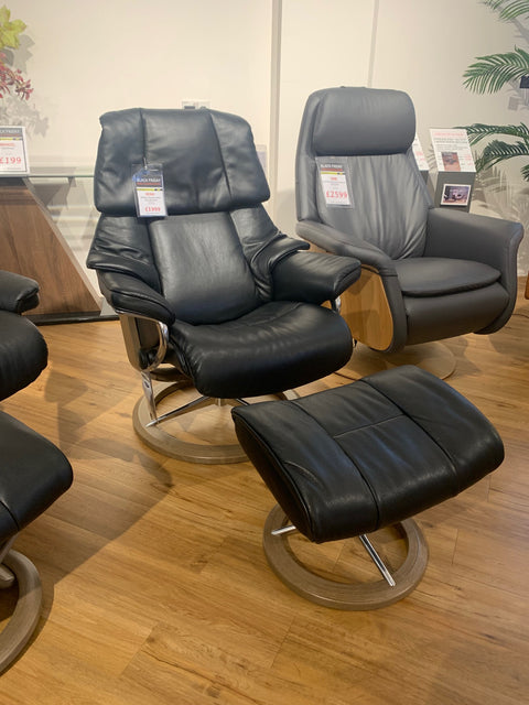 Stressless Reno Medium Signature Chair & Stool - BLACK FRIDAY SPECIAL READY FOR QUICK DELIVERY by Stressless
