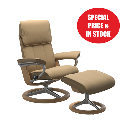 Stressless Admiral Medium Recliner Chair & Footstool In Paloma Sand & Oak With Signature Base - IN STOCK!